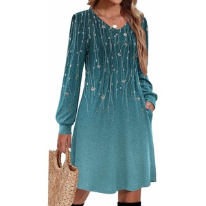 Zeagoo Fall Dresses for Women Long Sleeve Casual Pleated V Neck Dress 2026 A Line Tunic Dress(Blue Green 01)