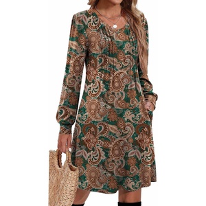 Zeagoo Fall Dresses for Women Long Sleeve Casual Pleated V Neck Dress 2026 A Line Tunic Dress(C26 Boho Printed)