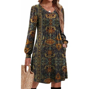 Zeagoo Fall Dresses for Women Long Sleeve Casual Pleated V Neck Dress 2026 A Line Tunic Dress(C26 Chic Printed)