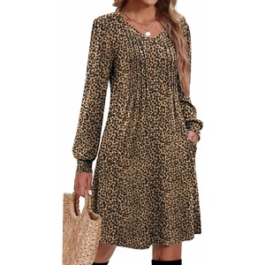 Zeagoo Fall Dresses for Women Long Sleeve Casual Pleated V Neck Dress 2026 A Line Tunic Dress(C26 Leopard Print)