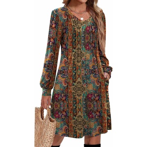 Zeagoo Fall Dresses for Women Long Sleeve Casual Pleated V Neck Dress 2026 A Line Tunic Dress(Chic Printed)