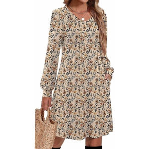 Zeagoo Fall Dresses for Women Long Sleeve Casual Pleated V Neck Dress 2026 A Line Tunic Dress(Light Khaki Floral)