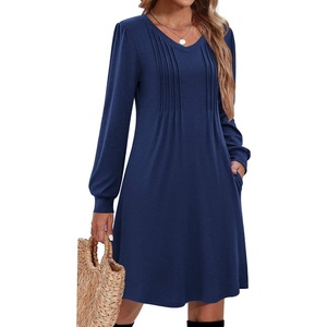 Zeagoo Fall Dresses for Women Long Sleeve Casual Pleated V Neck Dress 2026 A Line Tunic Dress(Navy)