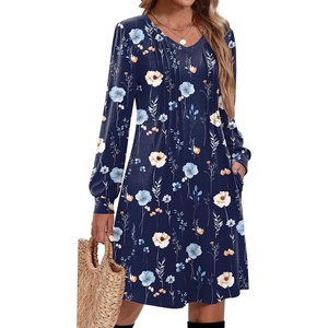 Zeagoo Fall Dresses for Women Long Sleeve Casual Pleated V Neck Dress 2026 A Line Tunic Dress(Navy Floral)