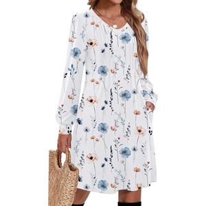 Zeagoo Fall Dresses for Women Long Sleeve Casual Pleated V Neck Dress 2026 A Line Tunic Dress(White Floral)