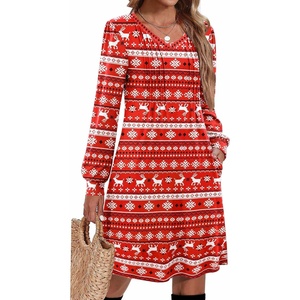 Zeagoo Fall Dresses for Women Long Sleeve Casual Pleated V Neck Dress 2026 A Line Tunic Dress(Xmas Reindeer)