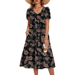 Zeagoo Summer Casual Dress for Womens Floral Midi Sundress with Pockets(Black Floral Print)