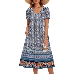 Zeagoo Summer Casual Dress for Womens Floral Midi Sundress with Pockets(Blue Floral-printed)