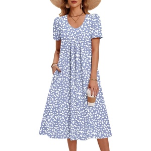 Zeagoo Summer Casual Dress for Womens Floral Midi Sundress with Pockets(Blue-printed)