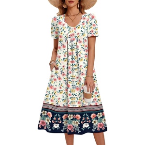 Zeagoo Summer Casual Dress for Womens Floral Midi Sundress with Pockets(Pink Floral-printed)