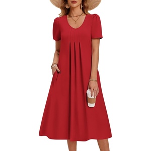 Zeagoo Summer Casual Dress for Womens Floral Midi Sundress with Pockets(Red)