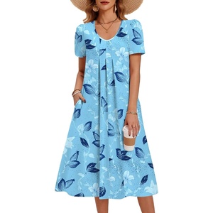 Zeagoo Summer Casual Dress for Womens Floral Midi Sundress with Pockets(Sky Blue)