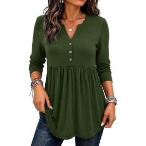 Zeagoo Women Blouses Long Sleeve Top Boho Henley Vneck Pleated Fall Tunic(Army Green)