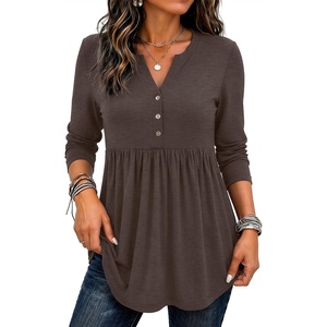 Zeagoo Women Blouses Long Sleeve Top Boho Henley Vneck Pleated Fall Tunic(Brown)