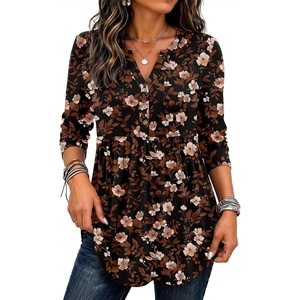 Zeagoo Women Blouses Long Sleeve Top Boho Henley Vneck Pleated Fall Tunic(Flower Black)