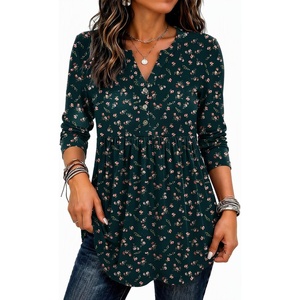 Zeagoo Women Blouses Long Sleeve Top Boho Henley Vneck Pleated Fall Tunic(Flower Green)