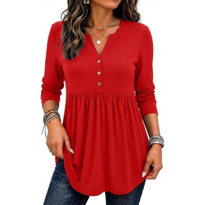 Zeagoo Women Blouses Long Sleeve Top Boho Henley Vneck Pleated Fall Tunic(Red)
