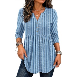 Zeagoo Women Blouses Long Sleeve Top Boho Henley Vneck Pleated Fall Tunic(Striped Blue)