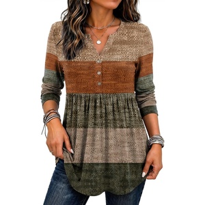Zeagoo Women Blouses Long Sleeve Top Boho Henley Vneck Pleated Fall Tunic(Stripes 1)