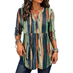 Zeagoo Women Blouses Long Sleeve Top Boho Henley Vneck Pleated Fall Tunic(Stripes 2)