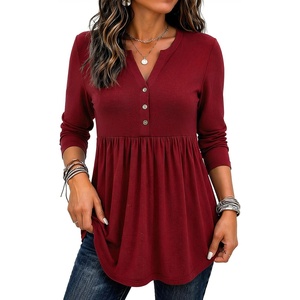 Zeagoo Women Blouses Long Sleeve Top Boho Henley Vneck Pleated Fall Tunic(Wine Red)