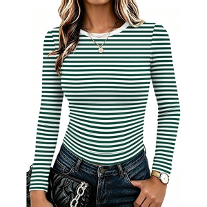 Zeagoo Women Long Sleeve Shirts Slim Fit Going Out Tops Crewneck Basic Tee(Green Stripes Tw933)