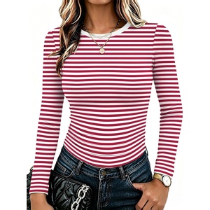 Zeagoo Women Long Sleeve Shirts Slim Fit Going Out Tops Crewneck Basic Tee(Red Stripes Tw562)