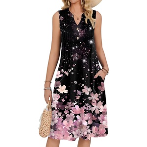 Zeagoo Women Summer Casual Dress 2026 Sleeveless Midi Tank Sundress with Pockets V Neck Buttons Pleated A Line Tshirt Dress(Black Pink Floral)