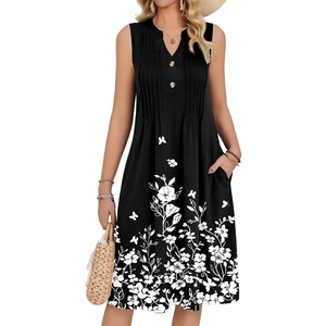 Zeagoo Women Summer Casual Dress 2026 Sleeveless Midi Tank Sundress with Pockets V Neck Buttons Pleated A Line Tshirt Dress(Black White Floral)