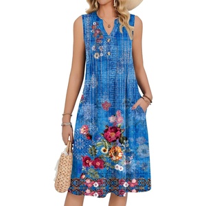 Zeagoo Women Summer Casual Dress 2026 Sleeveless Midi Tank Sundress with Pockets V Neck Buttons Pleated A Line Tshirt Dress(Blue Red Floral)
