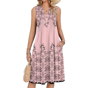 Zeagoo Women Summer Casual Dress 2026 Sleeveless Midi Tank Sundress with Pockets V Neck Buttons Pleated A Line Tshirt Dress(Pink Floral)