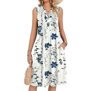 Zeagoo Women Summer Casual Dress 2026 Sleeveless Midi Tank Sundress with Pockets V Neck Buttons Pleated A Line Tshirt Dress(White Blue Floral)