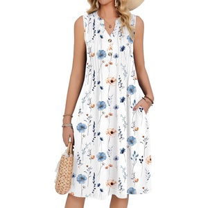 Zeagoo Women Summer Casual Dress 2026 Sleeveless Midi Tank Sundress with Pockets V Neck Buttons Pleated A Line Tshirt Dress(White Floral)