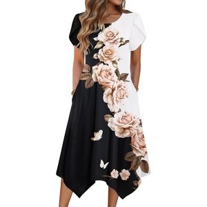 Zeagoo Womens Casual Dress for Summer Loose Hankerchief Flare Midi Sundress(Black White Flower)
