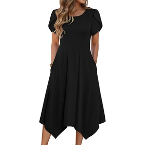 Zeagoo Womens Casual Dress for Summer Loose Hankerchief Flare Midi Sundress(Solid Black)