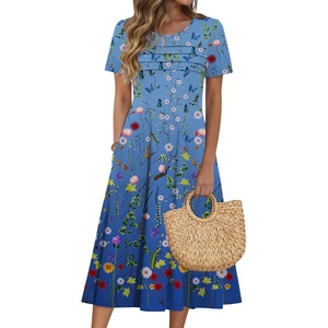 Zeagoo Womens Casual Dresses for Summer Short Sleeve Flare Midi Dress Beach(02 Blue Floral)