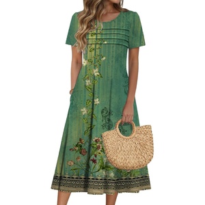 Zeagoo Womens Casual Dresses for Summer Short Sleeve Flare Midi Dress Beach(02 Green Floral)