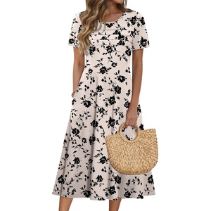 Zeagoo Womens Casual Dresses for Summer Short Sleeve Flare Midi Dress Beach(Beige Floral)