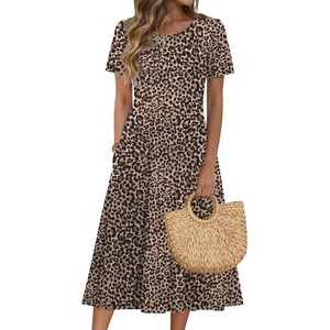 Zeagoo Womens Casual Dresses for Summer Short Sleeve Flare Midi Dress Beach(Leopard Print)