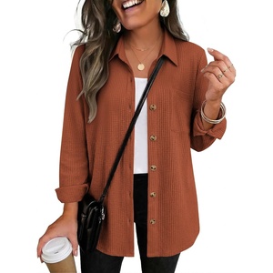 Zeagoo Womens Waffle Knit Shacket Button Down Long Sleeve Tops with Pocket(Caramel)