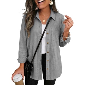 Zeagoo Womens Waffle Knit Shacket Button Down Long Sleeve Tops with Pocket(Grey)