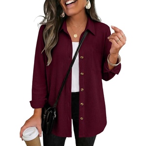 Zeagoo Womens Waffle Knit Shacket Button Down Long Sleeve Tops with Pocket(Wine Red)