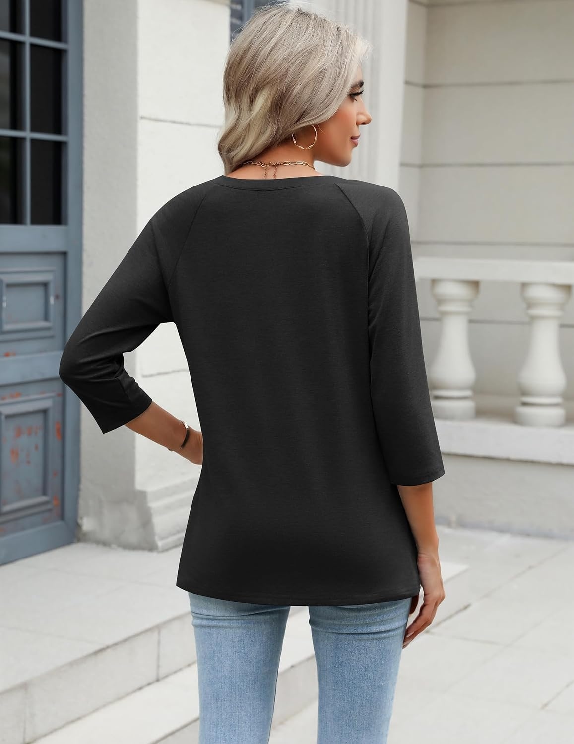 image:imageZeagoo 34 Length Sleeve Womens Tops Casual V Neck Shirts Soft Basic TeesBlack