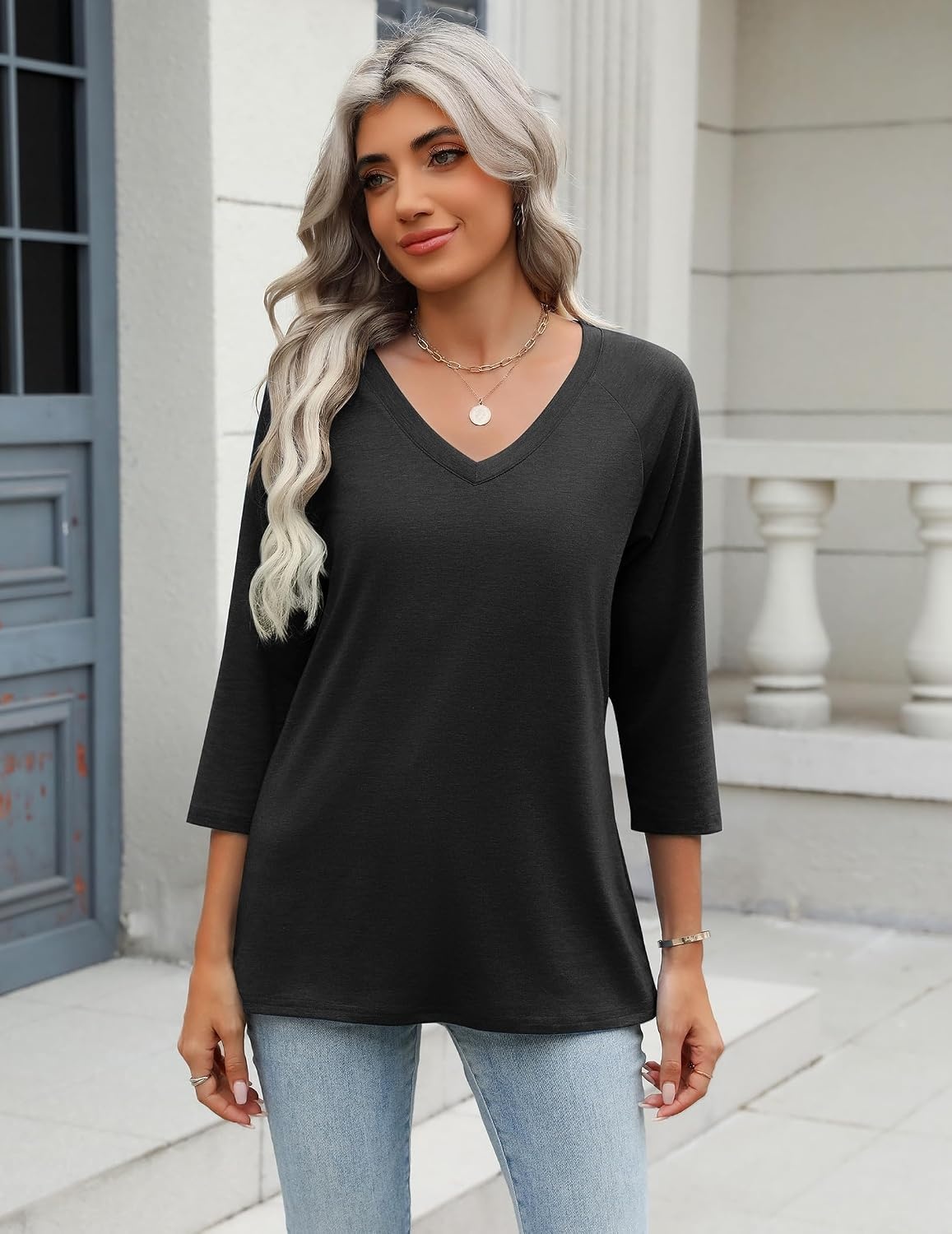 image:imageZeagoo 34 Length Sleeve Womens Tops Casual V Neck Shirts Soft Basic TeesBlack