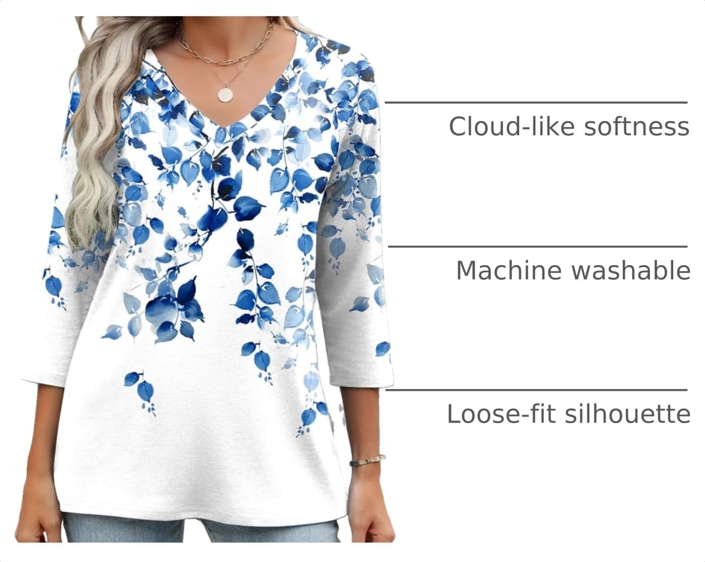 image:imageZeagoo 34 Length Sleeve Womens Tops Casual V Neck Shirts Soft Basic TeesBlue Leaveswf41