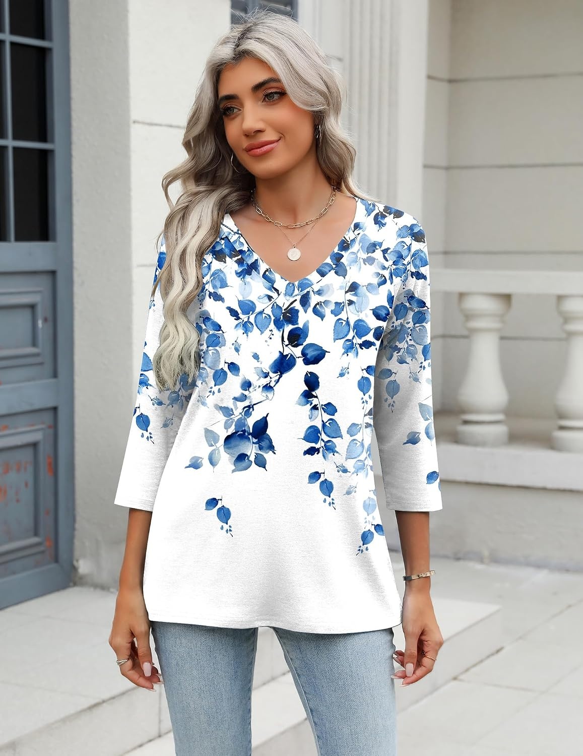 image:imageZeagoo 34 Length Sleeve Womens Tops Casual V Neck Shirts Soft Basic TeesBlue Leaveswf41