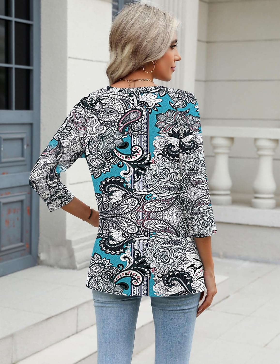 image:imageZeagoo 34 Length Sleeve Womens Tops Casual V Neck Shirts Soft Basic TeesBlue Paisley