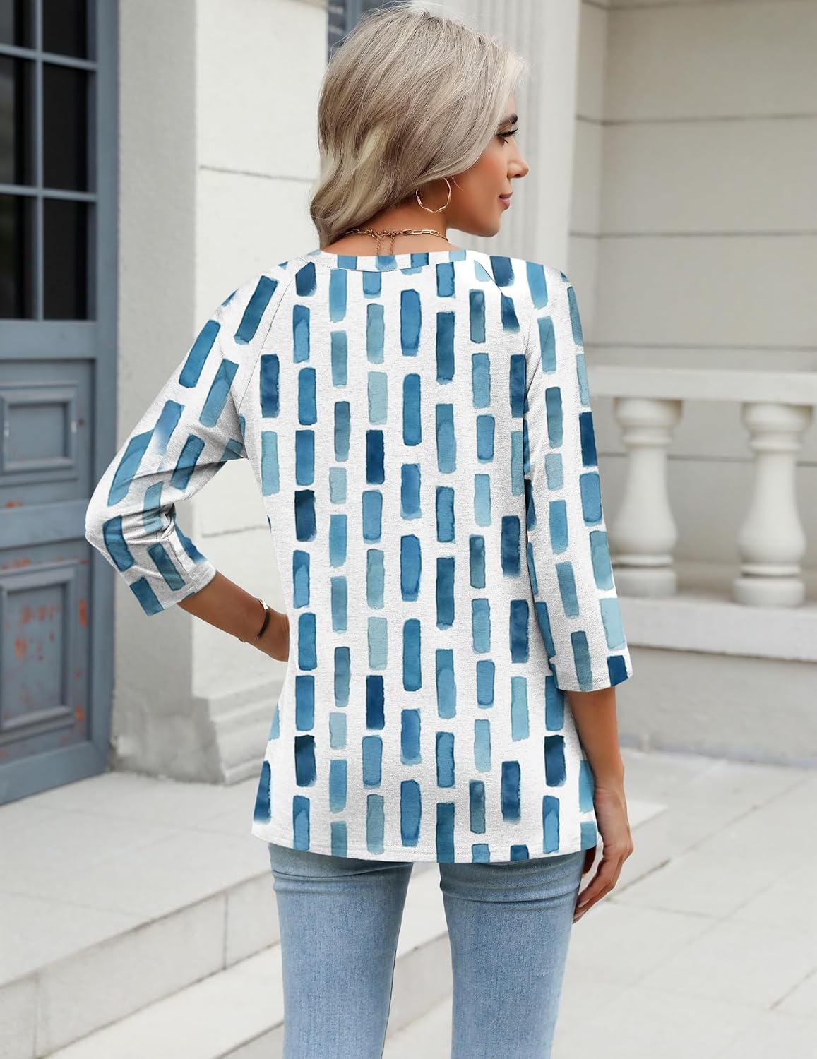 image:imageZeagoo 34 Length Sleeve Womens Tops Casual V Neck Shirts Soft Basic TeesBlue White Stripe