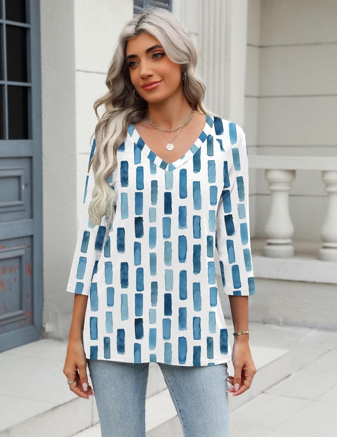 image:imageZeagoo 34 Length Sleeve Womens Tops Casual V Neck Shirts Soft Basic TeesBlue White Stripe
