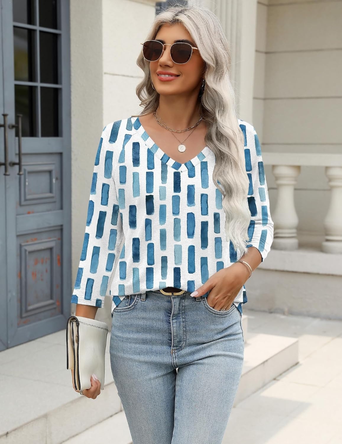 image:imageZeagoo 34 Length Sleeve Womens Tops Casual V Neck Shirts Soft Basic TeesBlue White Stripe